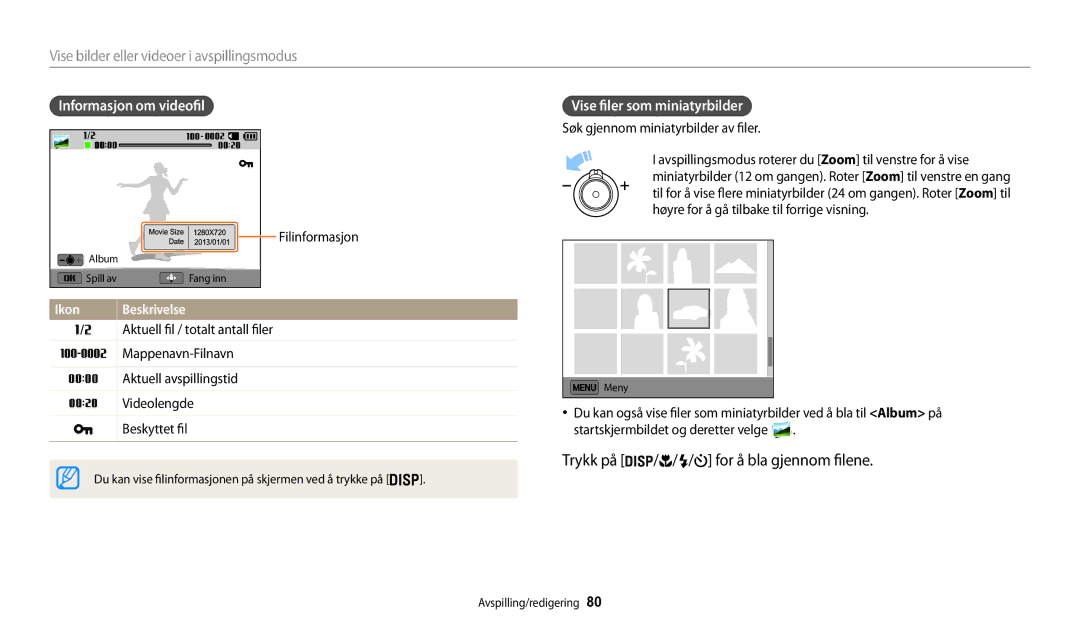 Samsung EC-WB30FZBPLE2 manual Informasjon om videofil, Vise filer som miniatyrbilder, Søk gjennom miniatyrbilder av filer 