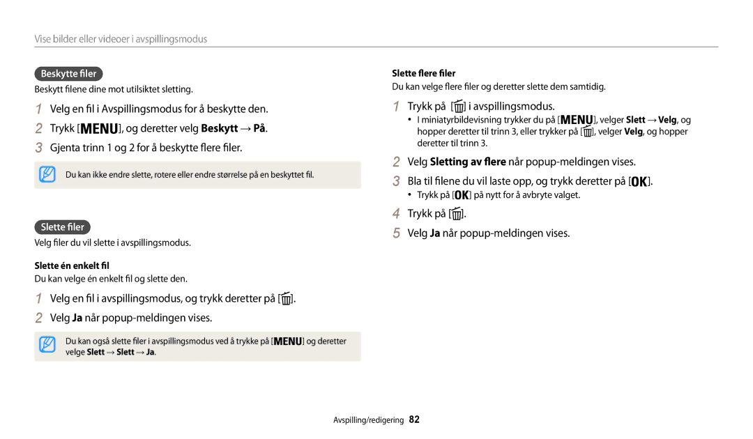 Samsung EC-WB31FZBPBE2 manual Velg en fil i Avspillingsmodus for å beskytte den Trykk, Beskytte filer, Slette filer 