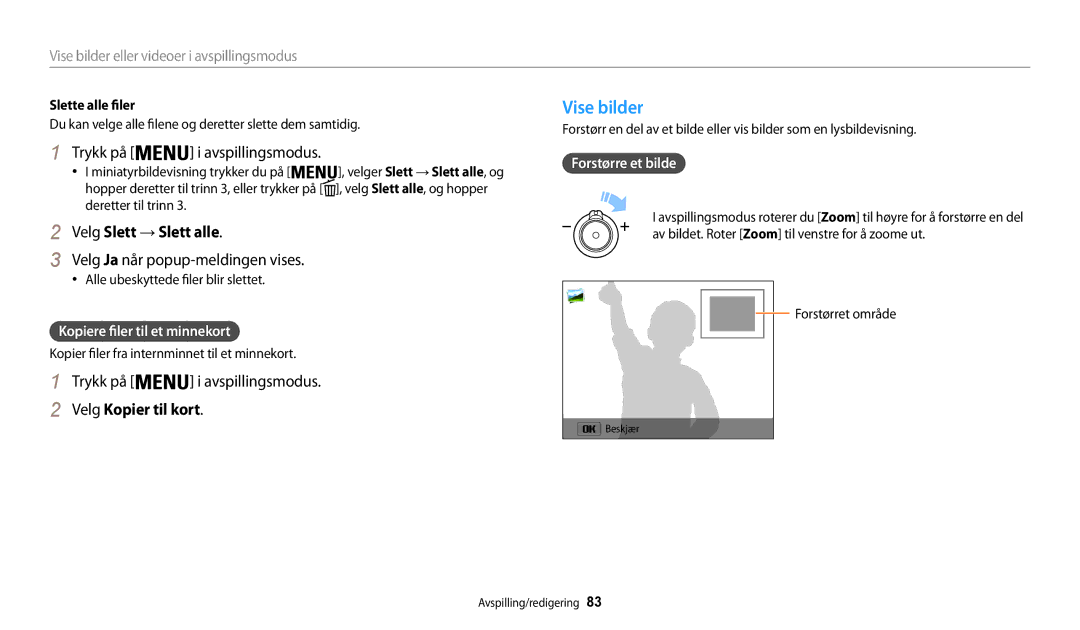 Samsung EC-WB31FZBPWE2 manual Vise bilder, Velg Slett → Slett alle, Velg Kopier til kort, Kopiere filer til et minnekort 