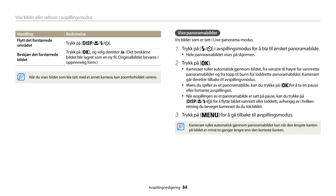 Samsung EC-WB32FZBDWE2, EC-WB30FZBPLE2 manual Trykk på For å gå tilbake til avspillingsmodus, Vise panoramabilder, Handling 