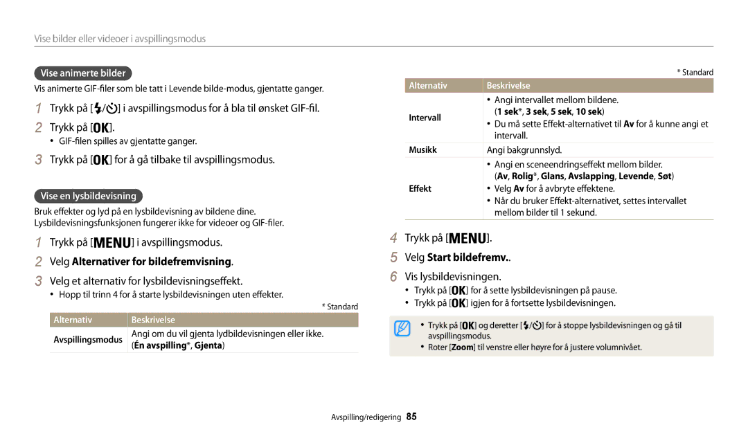 Samsung EC-WB30FZBPBE2 manual Velg Alternativer for bildefremvisning, Velg et alternativ for lysbildevisningseffekt 