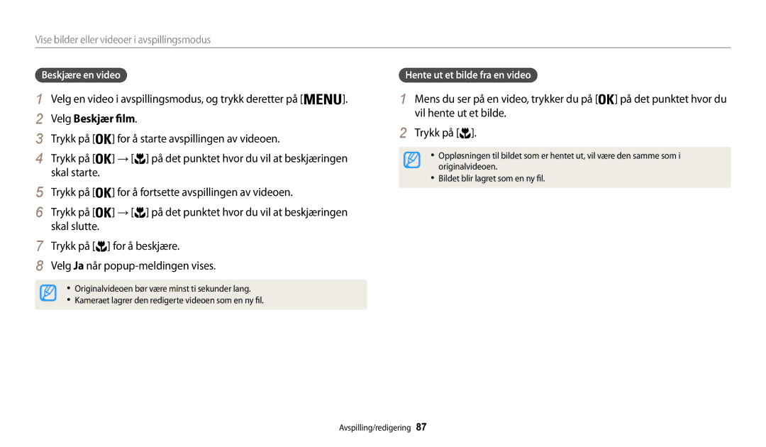 Samsung EC-WB32FZBDBE2 manual Velg Beskjær film, Trykk på For å starte avspillingen av videoen, Vil hente ut et bilde 