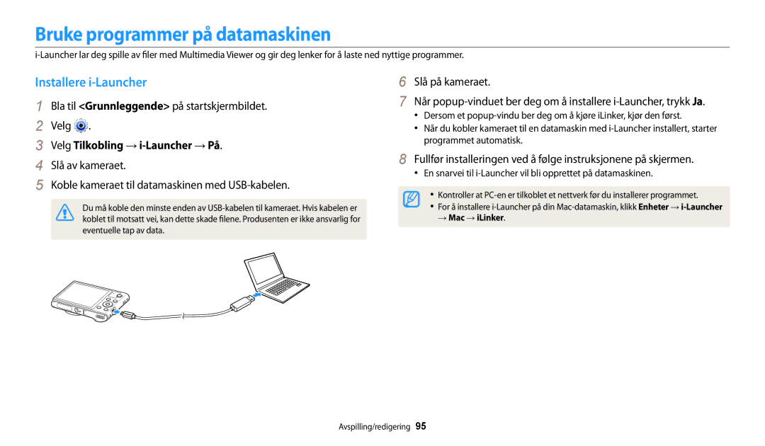 Samsung EC-WB31FZBPLE2 manual Bruke programmer på datamaskinen, Installere i-Launcher, Velg Tilkobling → i-Launcher → På 