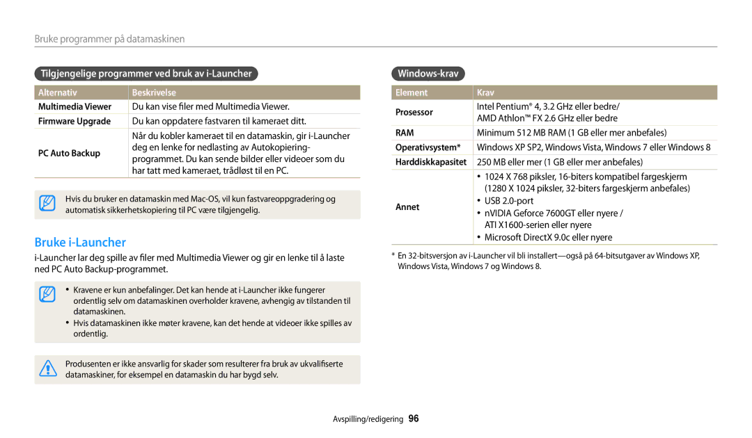 Samsung EC-WB32FZBDBE2 manual Bruke i-Launcher, Tilgjengelige programmer ved bruk av i-Launcher, Windows-krav, Element Krav 