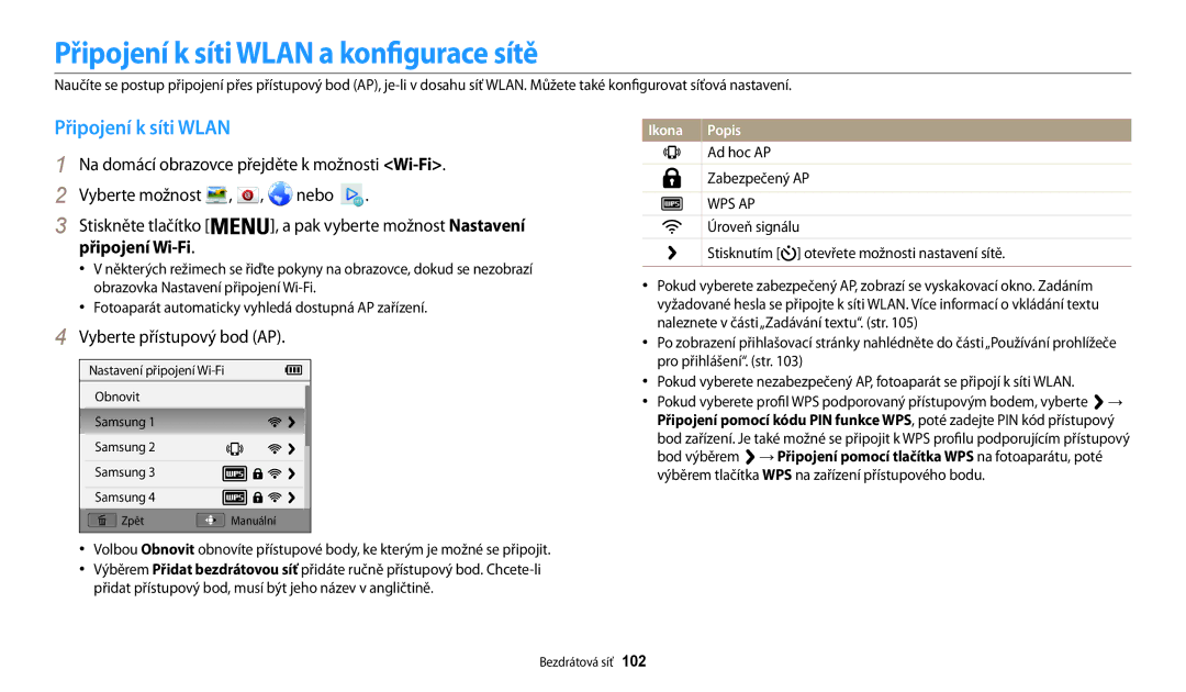 Samsung EC-WB30FZBPRE3 manual Připojení k síti Wlan a konfigurace sítě, Vyberte přístupový bod AP, Ad hoc AP Zabezpečený AP 