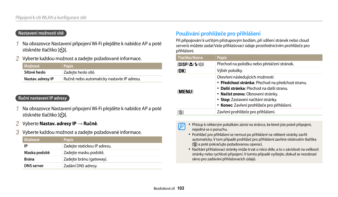 Samsung EC-WB30FZBPPE3 manual Používání prohlížeče pro přihlášení, Vyberte každou možnost a zadejte požadované informace 