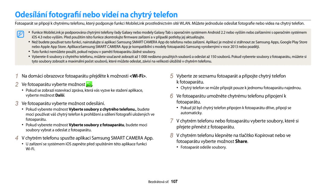 Samsung EC-WB30FZBPRE3 manual Odesílání fotografií nebo videí na chytrý telefon, Ve fotoaparátu vyberte možnost odesílání 