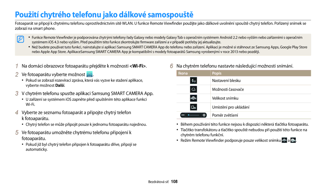 Samsung EC-WB30FZBPPE3, EC-WB30FZBPWE3, EC-WB30FZBPBE3, EC-WB30FZBPLE3 Použití chytrého telefonu jako dálkové samospouště 