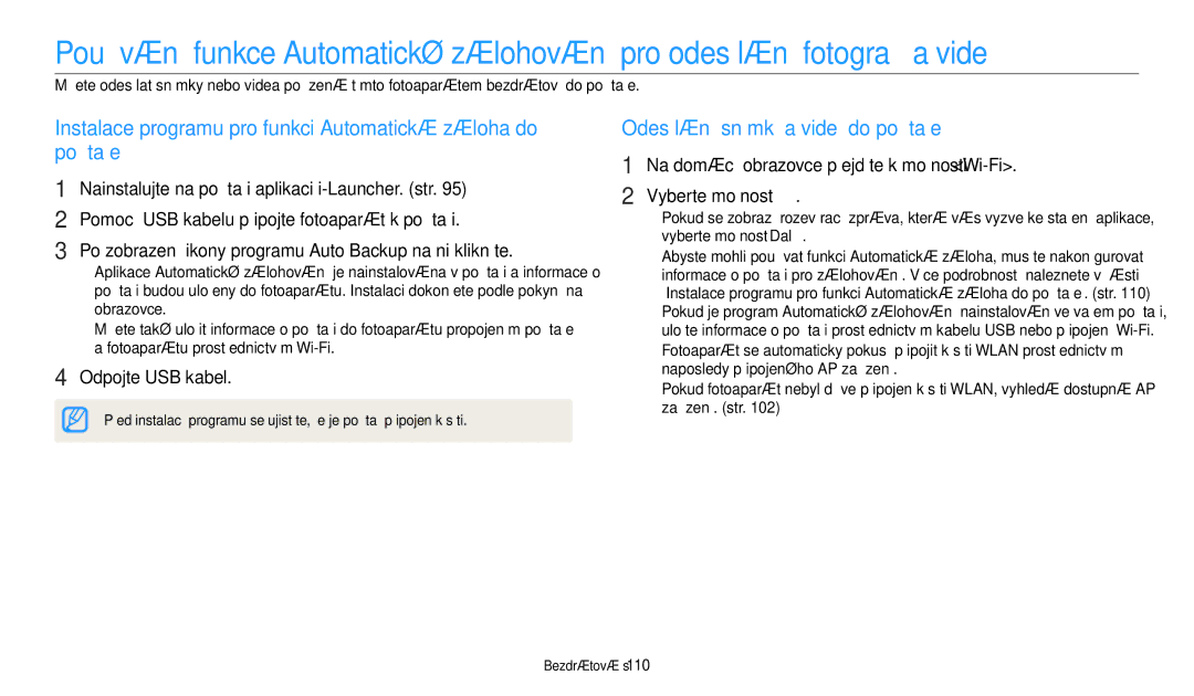 Samsung EC-WB30FZBPBE3 Instalace programu pro funkci Automatická záloha do počítače, Odesílání snímků a videí do počítače 