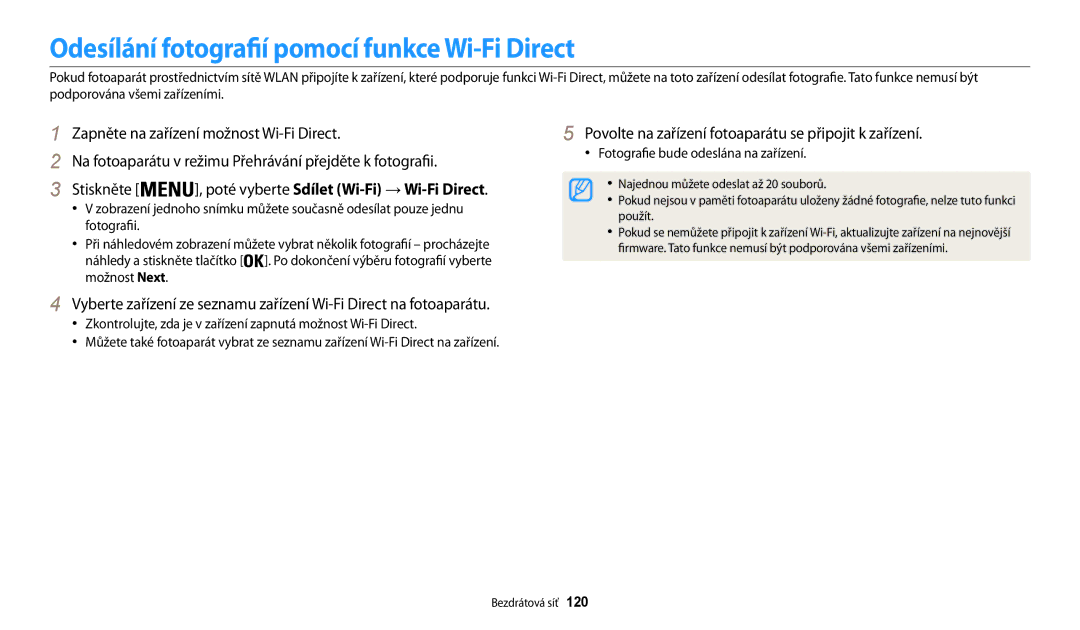 Samsung EC-WB30FZBPBE3 Odesílání fotografií pomocí funkce Wi-Fi Direct, Stiskněte, Fotografie bude odeslána na zařízení 