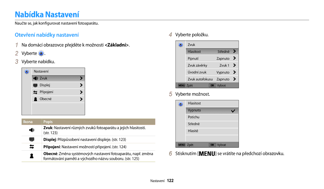 Samsung EC-WB30FZBPRE3, EC-WB30FZBPWE3, EC-WB30FZBPBE3 manual Nabídka Nastavení, Otevření nabídky nastavení, Vyberte položku 