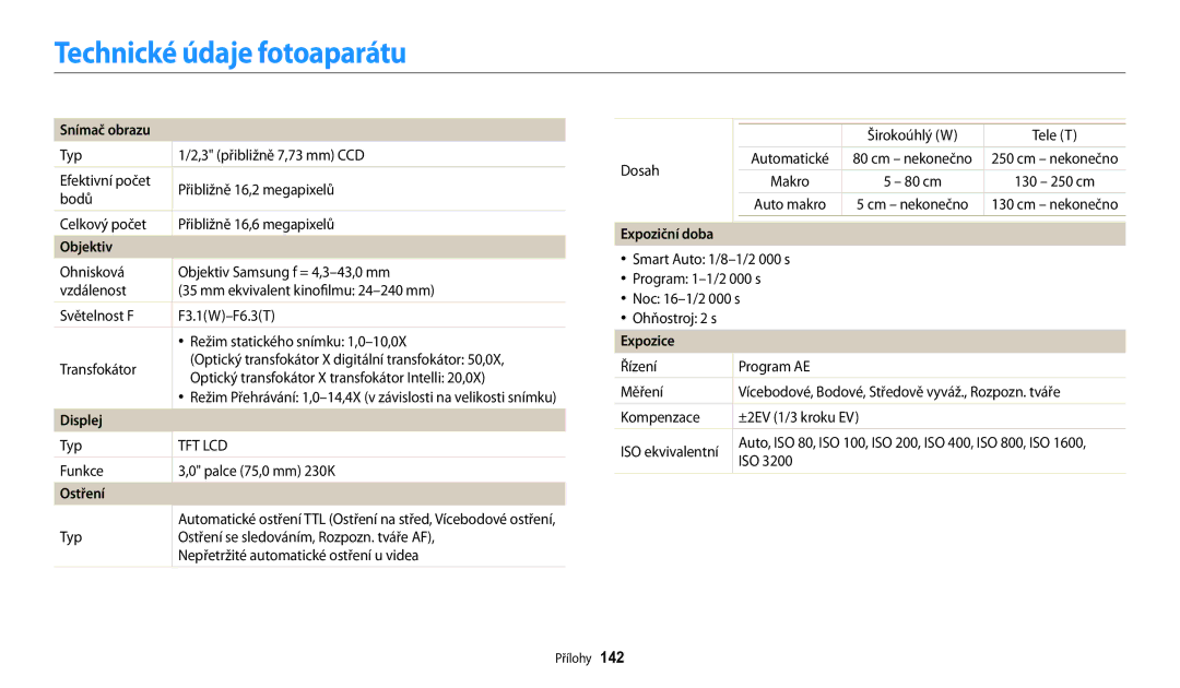 Samsung EC-WB30FZBPRE3, EC-WB30FZBPWE3, EC-WB30FZBPBE3, EC-WB30FZBPLE3, EC-WB30FZBPPE3 manual Technické údaje fotoaparátu 