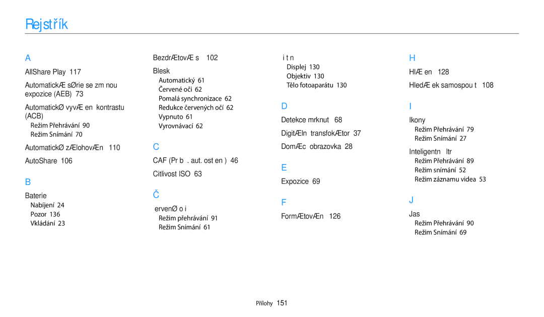 Samsung EC-WB30FZBPLE3, EC-WB30FZBPWE3, EC-WB30FZBPBE3 Rejstřík, Režim Přehrávání Režim Snímání, Nabíjení Pozor Vkládání 