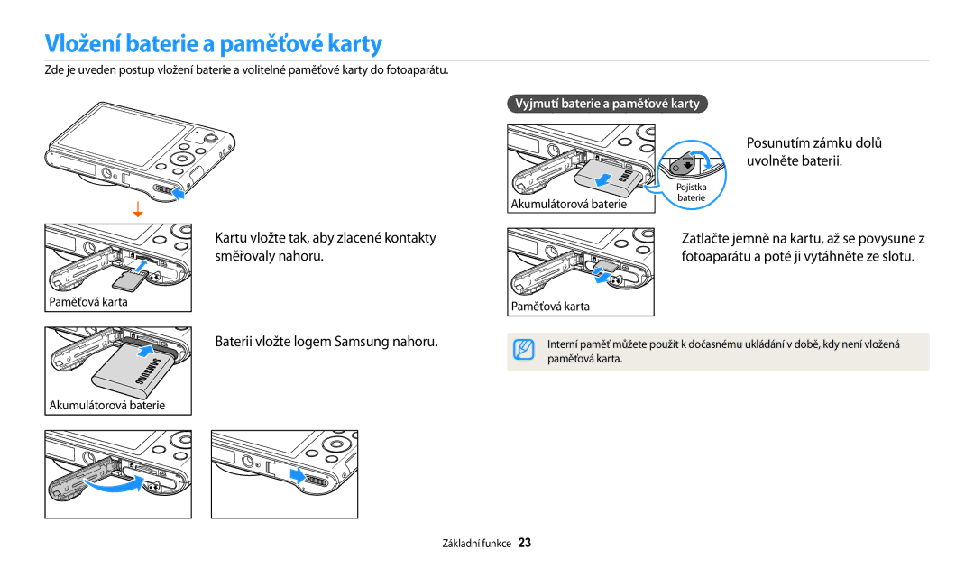 Samsung EC-WB30FZBPPE3, EC-WB30FZBPWE3 manual Vložení baterie a paměťové karty, Posunutím zámku dolů uvolněte baterii 