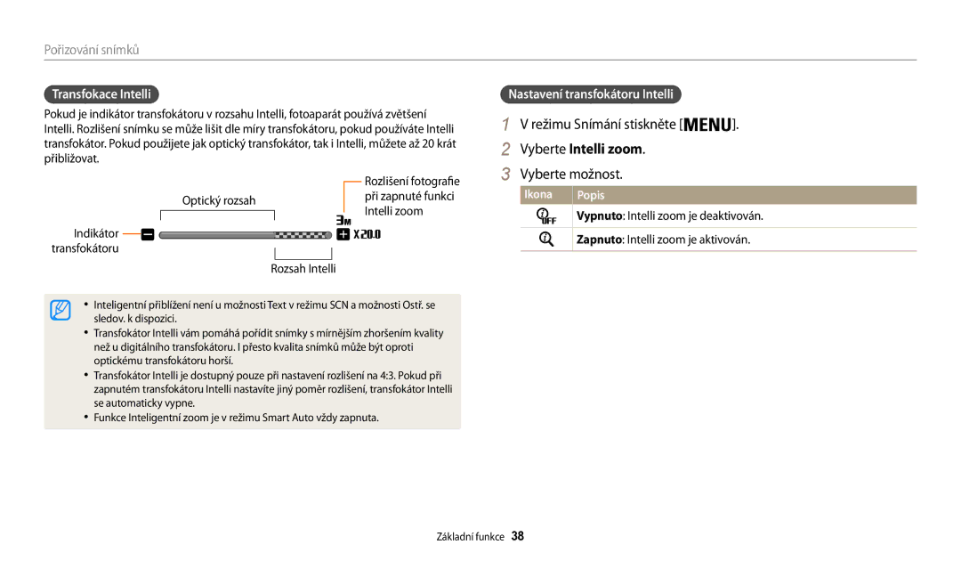 Samsung EC-WB30FZBPPE3, EC-WB30FZBPWE3 manual Režimu Snímání stiskněte, Transfokace Intelli, Nastavení transfokátoru Intelli 