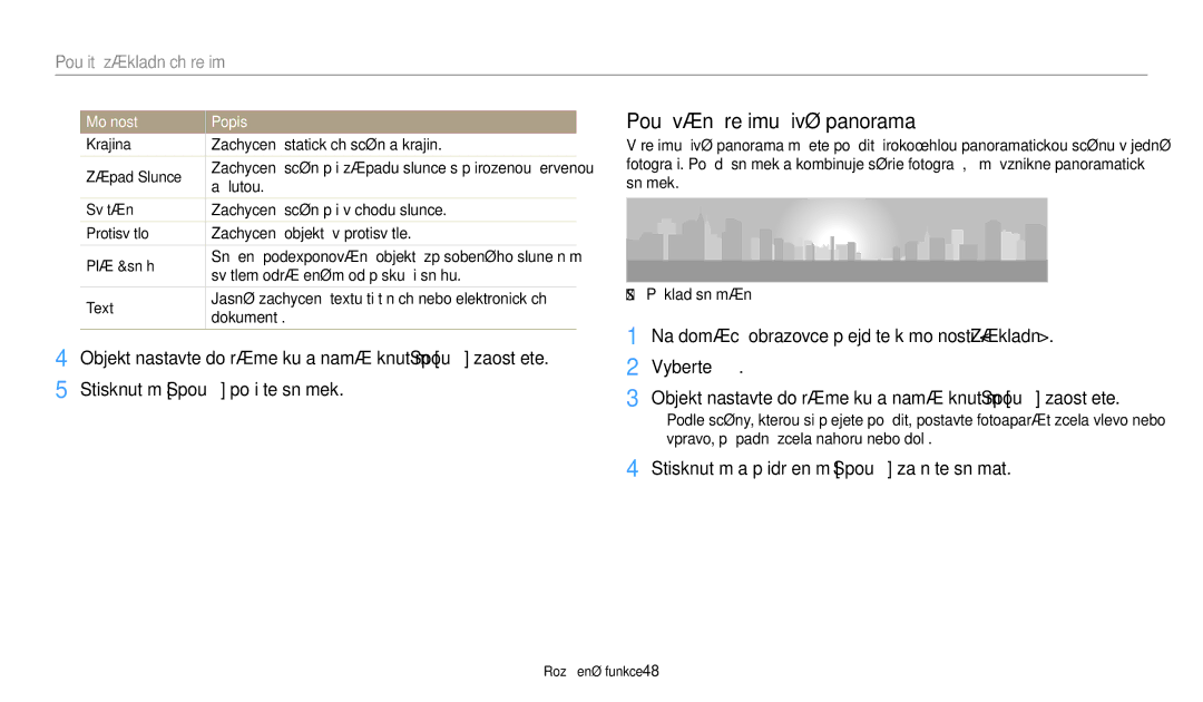 Samsung EC-WB30FZBPPE3 manual Používání režimu Živé panorama, Stisknutím a přidržením Spoušť začněte snímat, Možnost Popis 