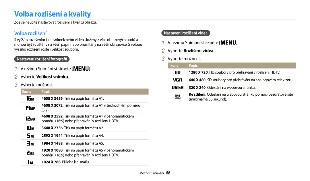 Samsung EC-WB30FZBPPE3, EC-WB30FZBPWE3 manual Volba rozlišení a kvality, Vyberte Velikost snímku, Vyberte Rozlišení videa 