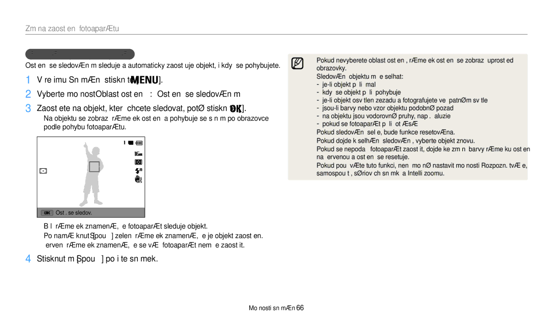 Samsung EC-WB30FZBPLE3 manual Vyberte možnost Oblast ostření → Ostření se sledováním, Používání ostření se sledováním 