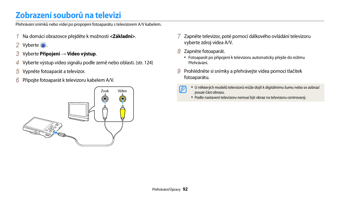 Samsung EC-WB30FZBPRE3, EC-WB30FZBPWE3, EC-WB30FZBPBE3 manual Zobrazení souborů na televizi, Vyberte Připojení → Video výstup 