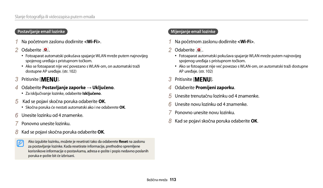 Samsung EC-WB30FZBPLE3 manual Odaberite Postavljanje zaporke → Uključeno, Kad se pojavi skočna poruka odaberite OK 