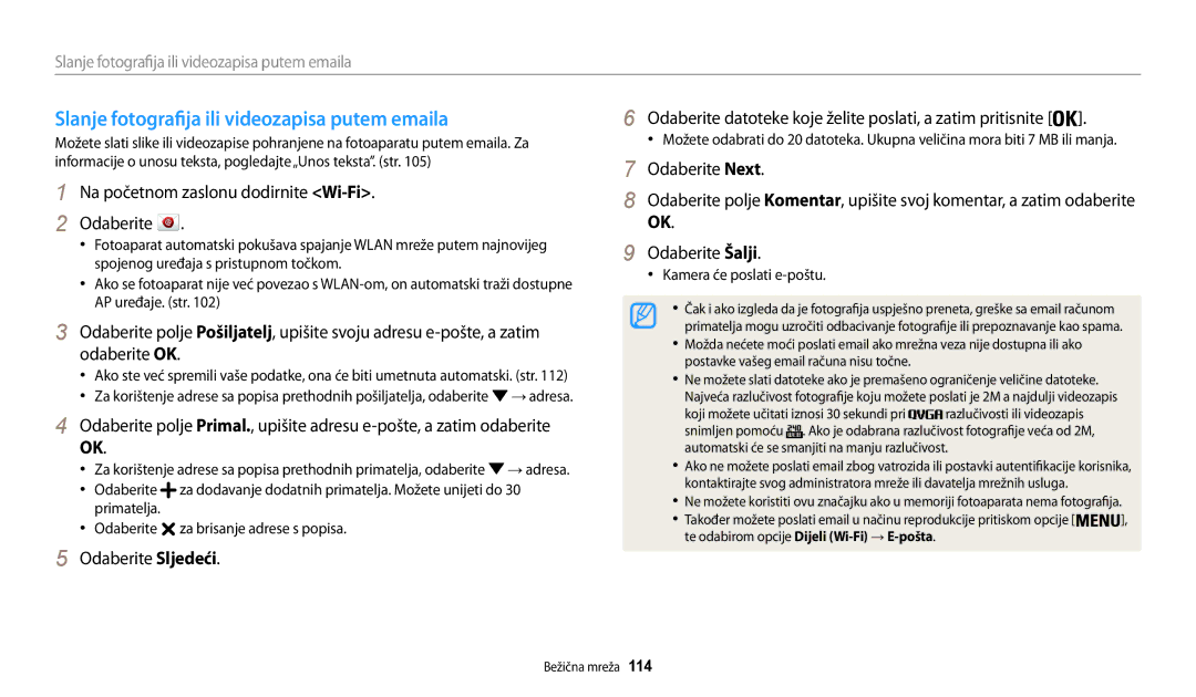 Samsung EC-WB30FZBPRE3, EC-WB30FZBPWE3 manual Slanje fotografija ili videozapisa putem emaila, Kamera će poslati e-poštu 