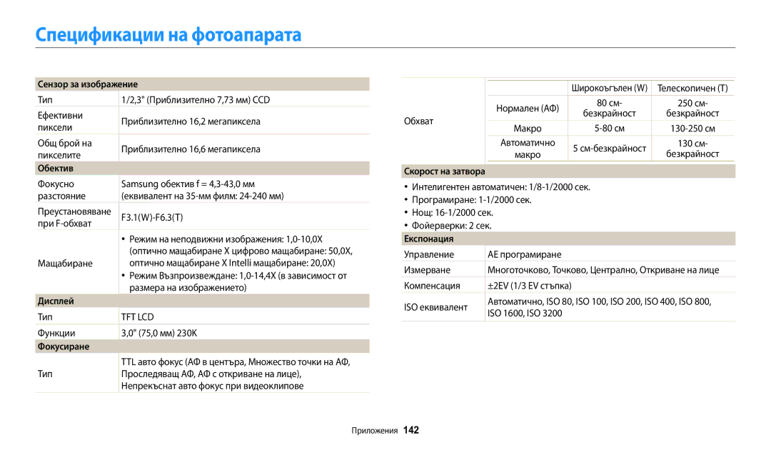 Samsung EC-WB30FZBPLE3, EC-WB30FZBPWE3, EC-WB30FZBPBE3 manual Спецификации на фотоапарата 