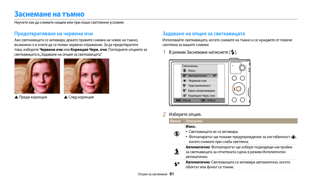 Samsung EC-WB30FZBPLE3 manual Заснемане на тъмно, Предотвратяване на червени очи, Задаване на опция за светкавицата, Изкл 