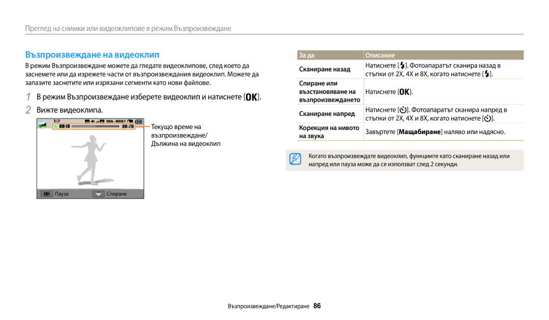 Samsung EC-WB30FZBPWE3 manual Възпроизвеждане на видеоклип, Вижте видеоклипа, Сканиране назад, Спиране или, На звука 