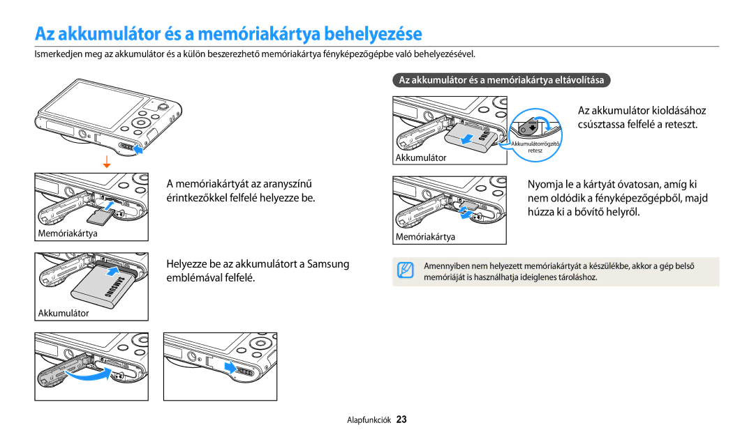 Samsung EC-WB30FZBPWE2 manual Az akkumulátor és a memóriakártya behelyezése, Az akkumulátor és a memóriakártya eltávolítása 