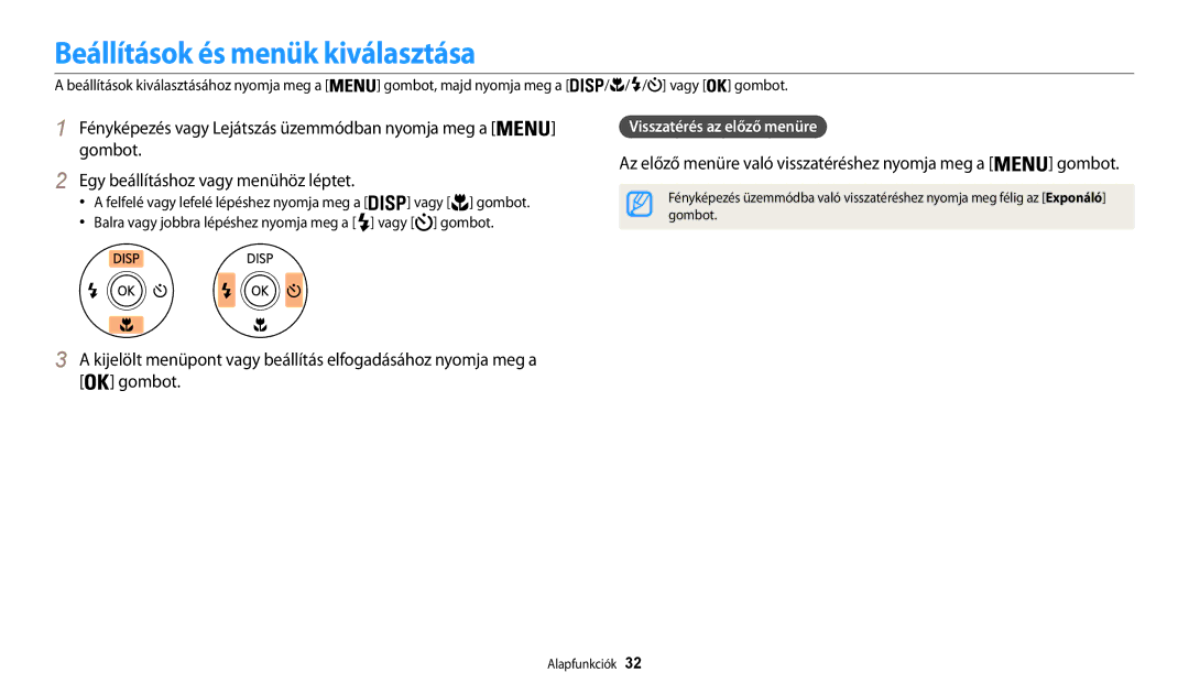 Samsung EC-WB31FZBPBE2, EC-WB31FZBPBE1 Beállítások és menük kiválasztása, Visszatérés az előző menüre, Vagy Gombot 