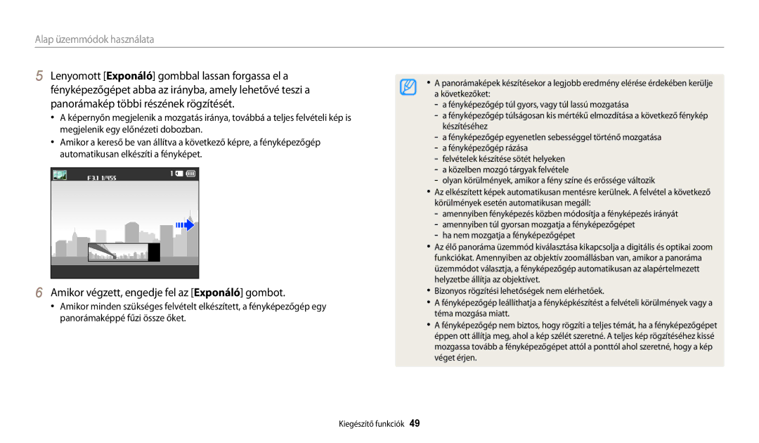 Samsung EC-WB30FZBPWE2 manual Lenyomott Exponáló gombbal lassan forgassa el a, Panorámakép többi részének rögzítését 