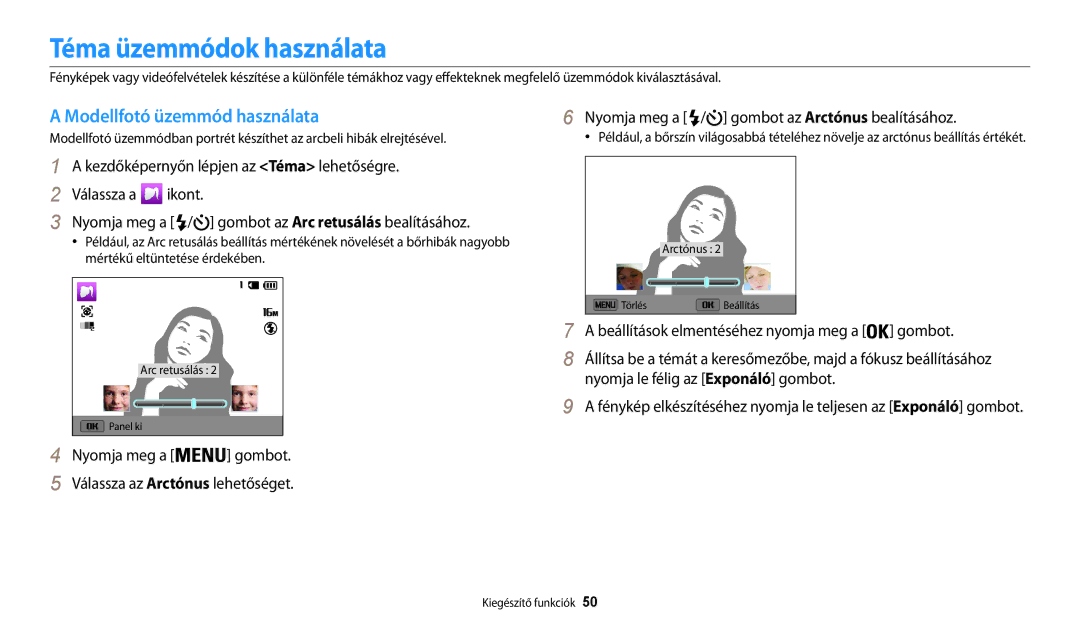 Samsung EC-WB32FZBDWE3, EC-WB31FZBPBE1, EC-WB30FZBPWE3 manual Téma üzemmódok használata, Modellfotó üzemmód használata 