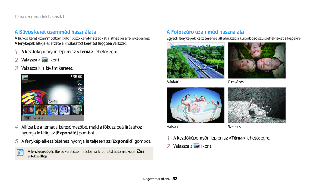 Samsung EC-WB30FZBPWE3 manual Bűvös keret üzemmód használata, Fotószűrő üzemmód használata, Miniatűr Címkézés Halszem 