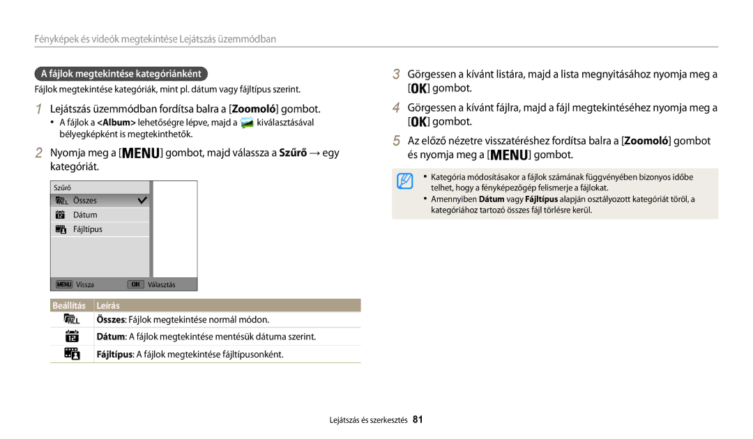 Samsung EC-WB30FZBPRE3 manual Lejátszás üzemmódban fordítsa balra a Zoomoló gombot, És nyomja meg a Gombot Kategóriát 