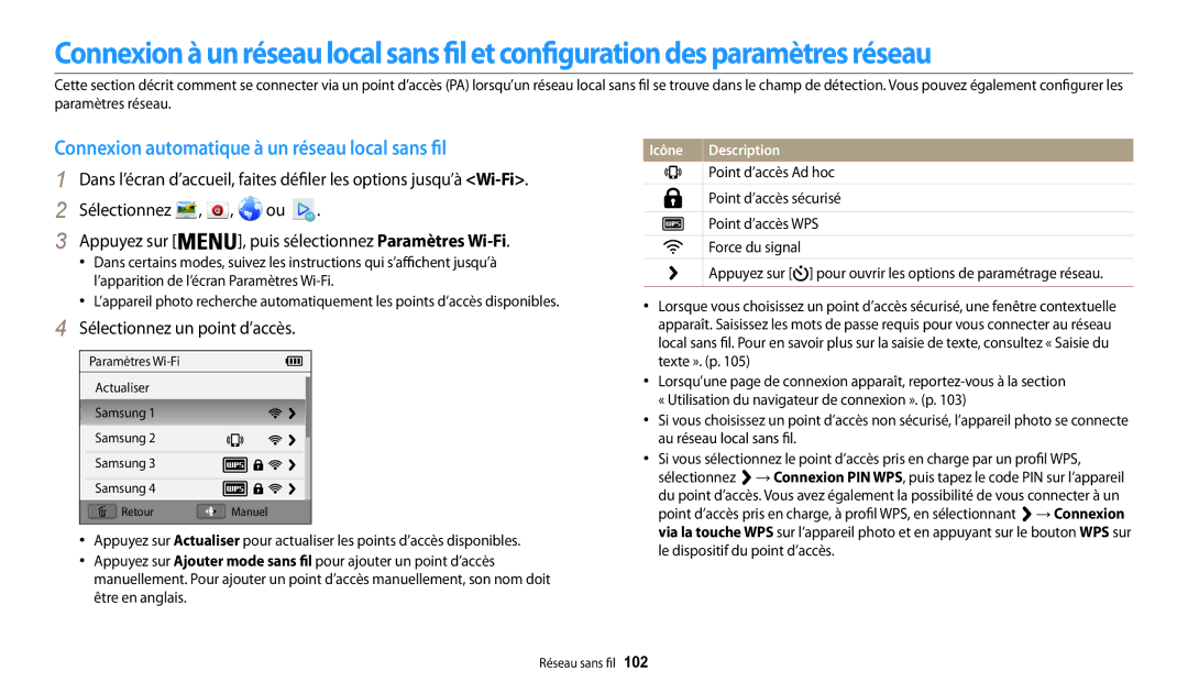 Samsung EC-WB32FZBDBFR, EC-WB32FZBDLFR Connexion automatique à un réseau local sans fil, Sélectionnez un point d’accès 