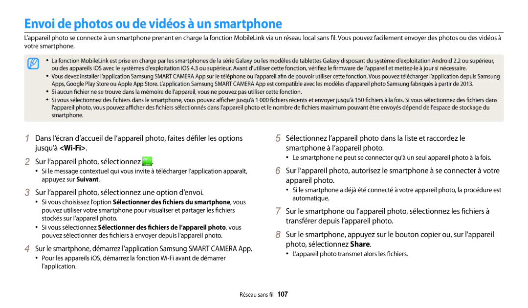 Samsung EC-WB32FZBDLFR Envoi de photos ou de vidéos à un smartphone, Sur l’appareil photo, sélectionnez une option d’envoi 