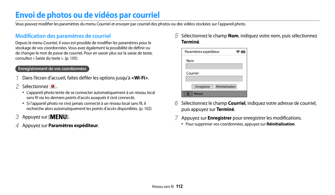 Samsung EC-WB30FZBPRFR manual Envoi de photos ou de vidéos par courriel, Modification des paramètres de courriel, Terminé 