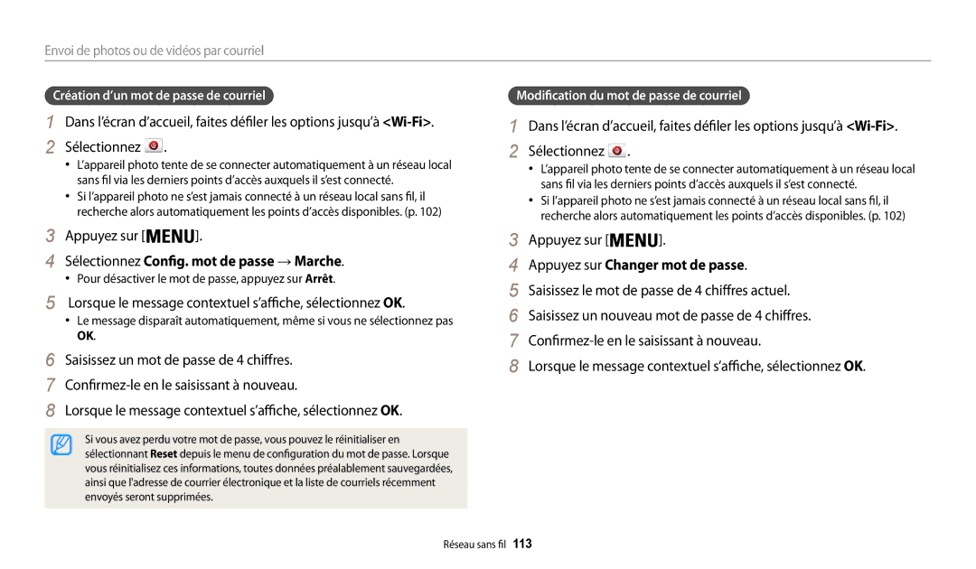 Samsung EC-WB31FZBPRFR, EC-WB32FZBDLFR manual Sélectionnez Config. mot de passe → Marche, Appuyez sur Changer mot de passe 