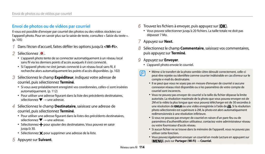 Samsung EC-WB30FZBPLFR Envoi de photos ou de vidéos par courriel, Appuyez sur Suivant, ’appareil photo envoie le courriel 