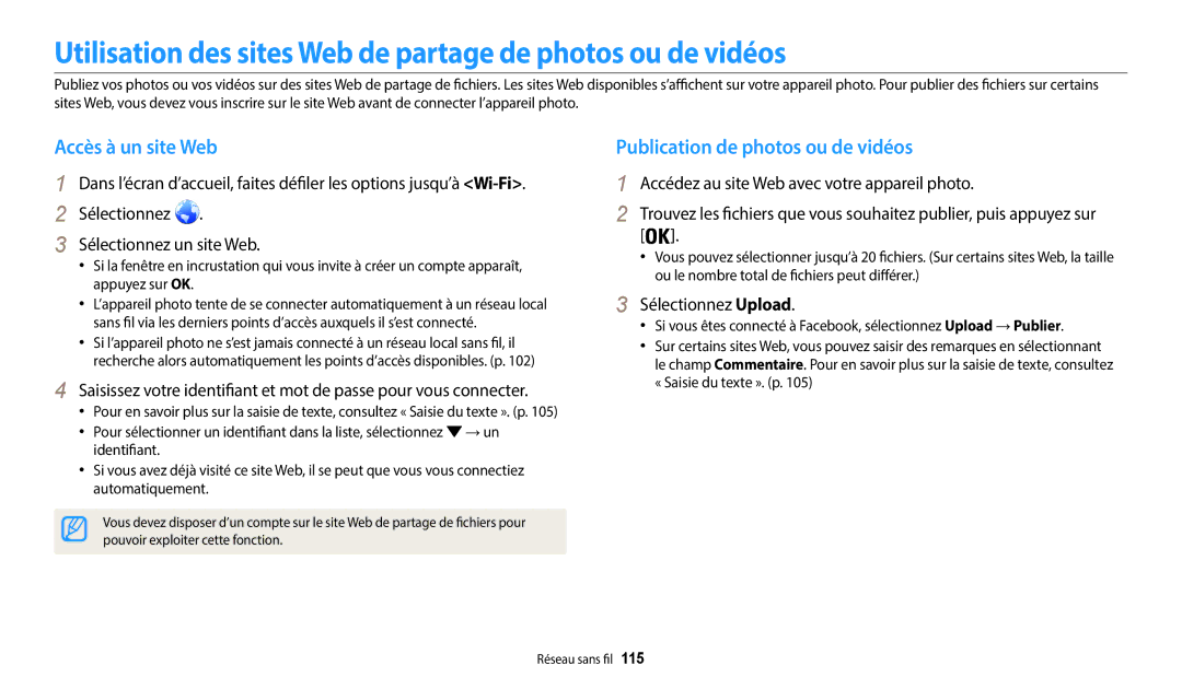 Samsung EC-WB30FZBPBFR, EC-WB32FZBDLFR Utilisation des sites Web de partage de photos ou de vidéos, Accès à un site Web 