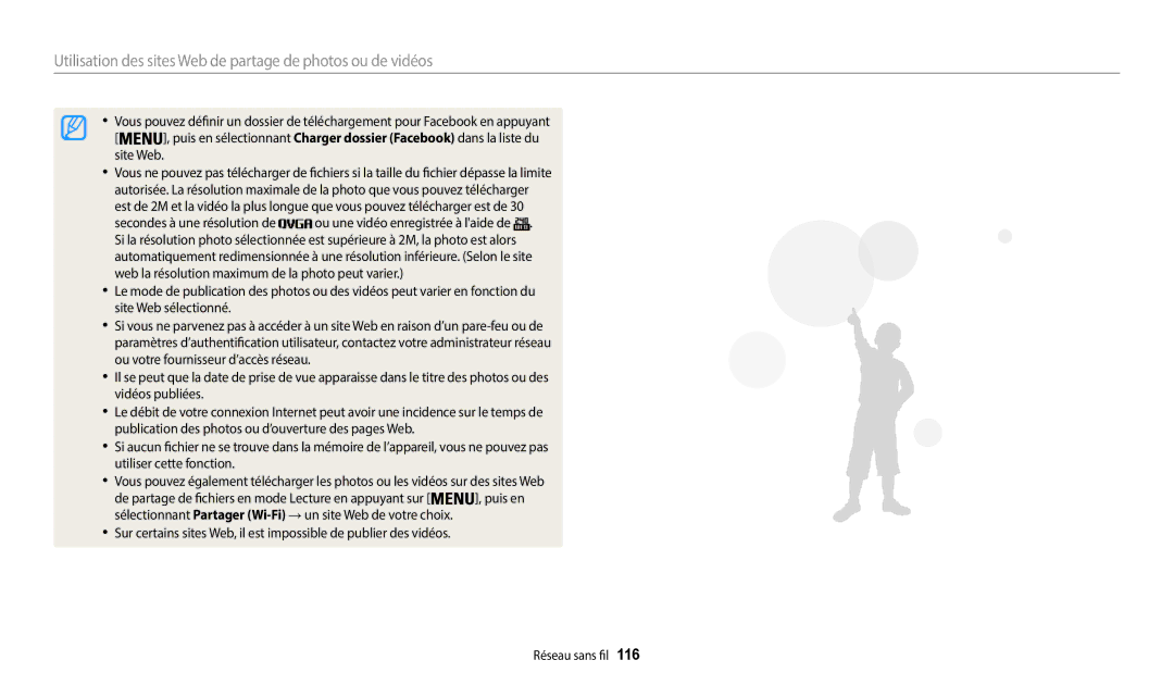 Samsung EC-WB32FZBDLFR, EC-WB32FZBDWFR, EC-WB32FZBDRFR manual Utilisation des sites Web de partage de photos ou de vidéos 