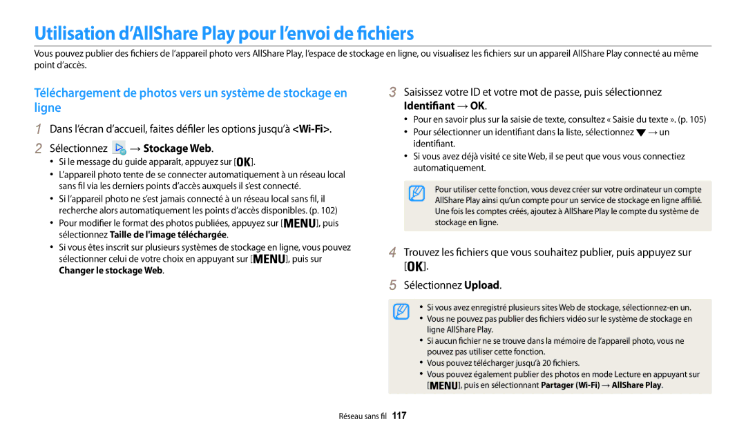 Samsung EC-WB32FZBDWFR Utilisation d’AllShare Play pour l’envoi de fichiers, Si le message du guide apparaît, appuyez sur 