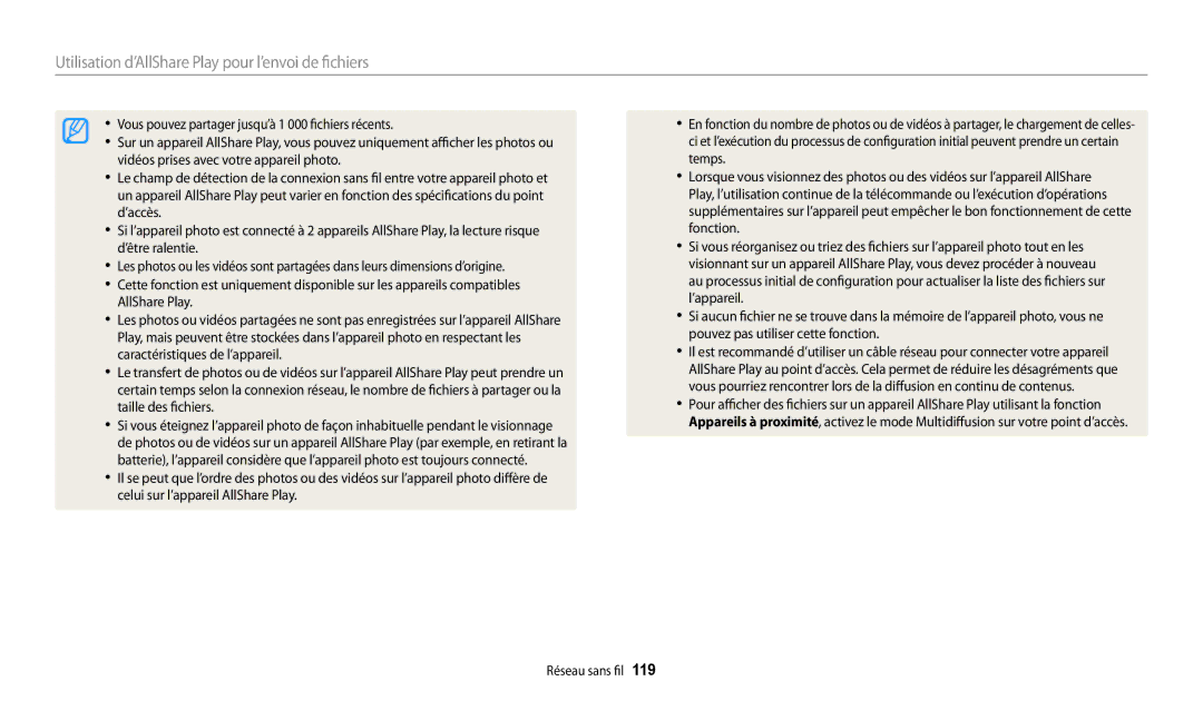 Samsung EC-WB30FZBPWFR, EC-WB32FZBDLFR, EC-WB32FZBDWFR, EC-WB32FZBDRFR Utilisation d’AllShare Play pour l’envoi de fichiers 
