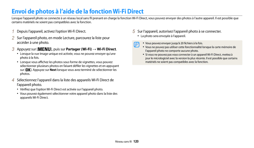 Samsung EC-WB32FZBDBFR, EC-WB32FZBDLFR, EC-WB32FZBDWFR Envoi de photos à l’aide de la fonction Wi-Fi Direct, Appuyez sur 