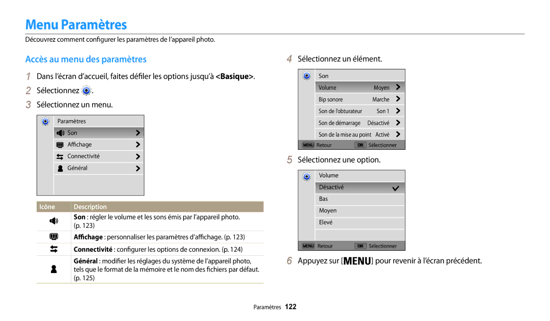 Samsung EC-WB31FZBPRFR, EC-WB32FZBDLFR Menu Paramètres, Accès au menu des paramètres, Sélectionnez Sélectionnez un menu 