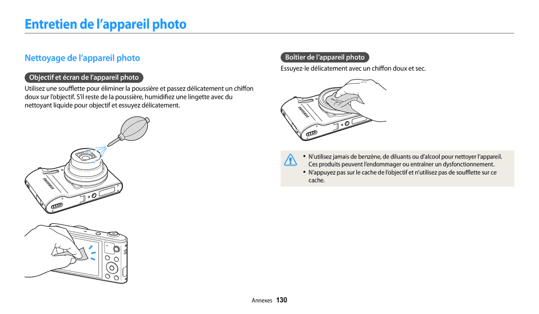 Samsung EC-WB30FZBPRFR Entretien de l’appareil photo, Nettoyage de l’appareil photo, Objectif et écran de l’appareil photo 