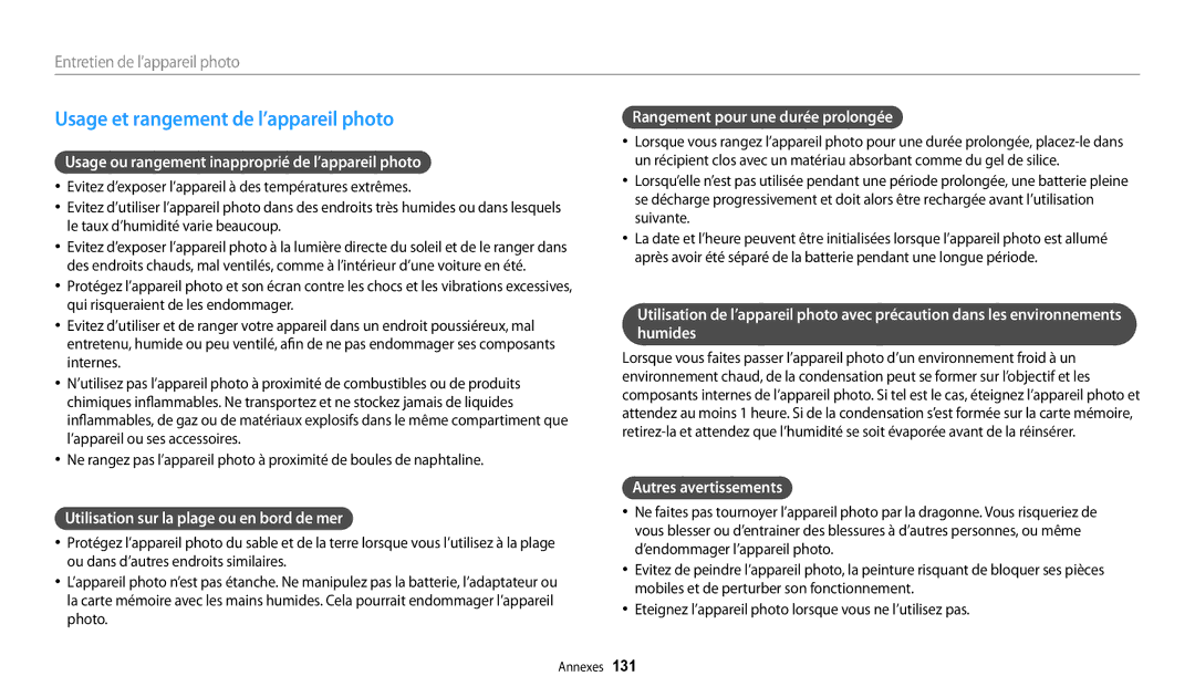 Samsung EC-WB31FZBPRFR manual Usage et rangement de l’appareil photo, Usage ou rangement inapproprié de l’appareil photo 