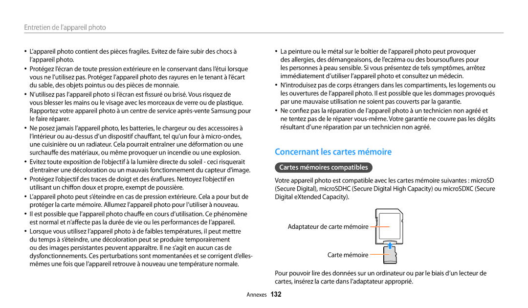 Samsung EC-WB30FZBPLFR, EC-WB32FZBDLFR, EC-WB32FZBDWFR manual Concernant les cartes mémoire, Cartes mémoires compatibles 