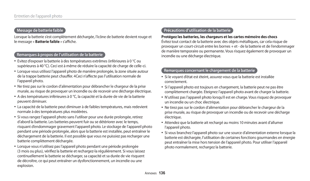 Samsung EC-WB32FZBDRFR, EC-WB32FZBDLFR manual Message de batterie faible, Remarques à propos de l’utilisation de la batterie 