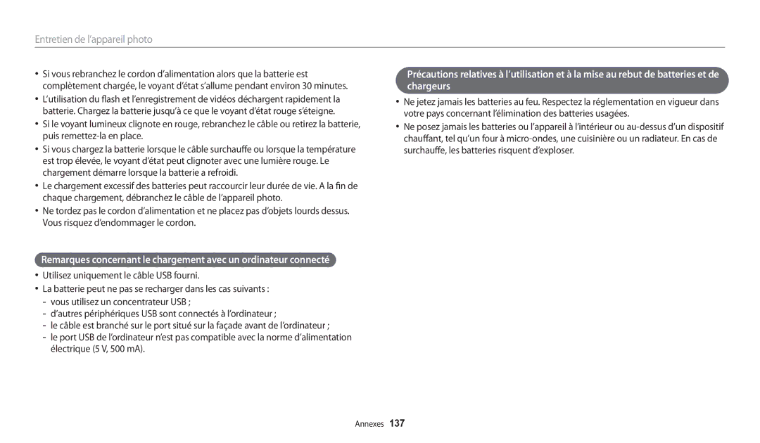 Samsung EC-WB30FZBPWFR, EC-WB32FZBDLFR, EC-WB32FZBDWFR, EC-WB32FZBDRFR, EC-WB32FZBDBFR manual Entretien de l’appareil photo 